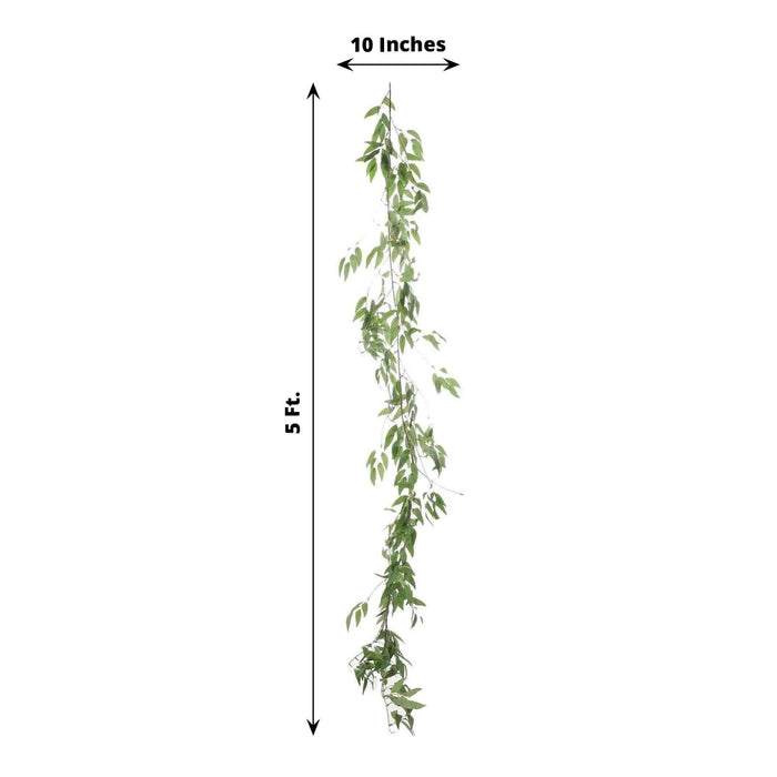 Artificial hanging plant with green leaves, 5 ft long and 10 in wide.