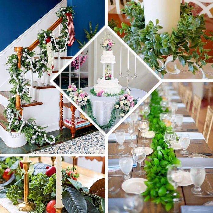 Elegant holiday decorations with greenery, flowers, and festive table settings.