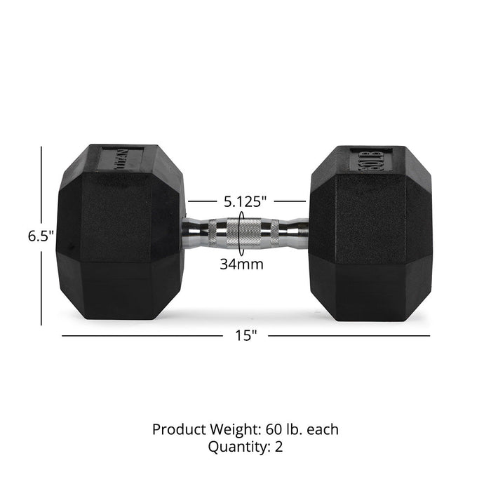 60 LB Pair Rubber Hex Dumbbells