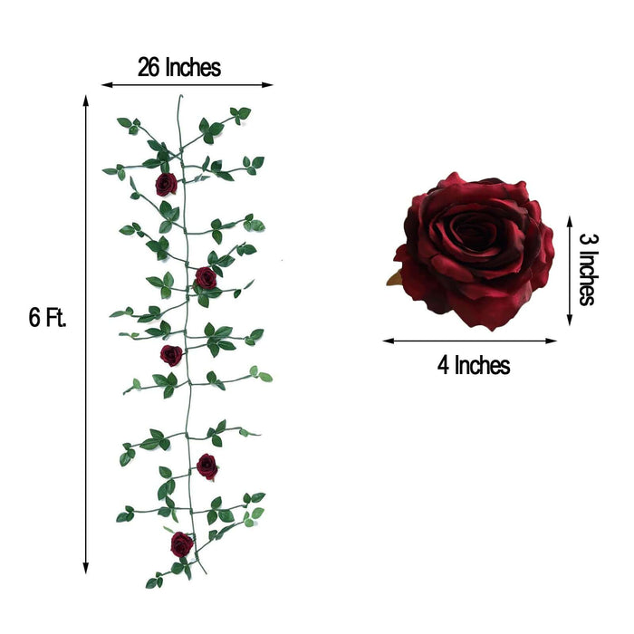 Artificial red rose vine decoration, 6 ft long with 4-inch roses.