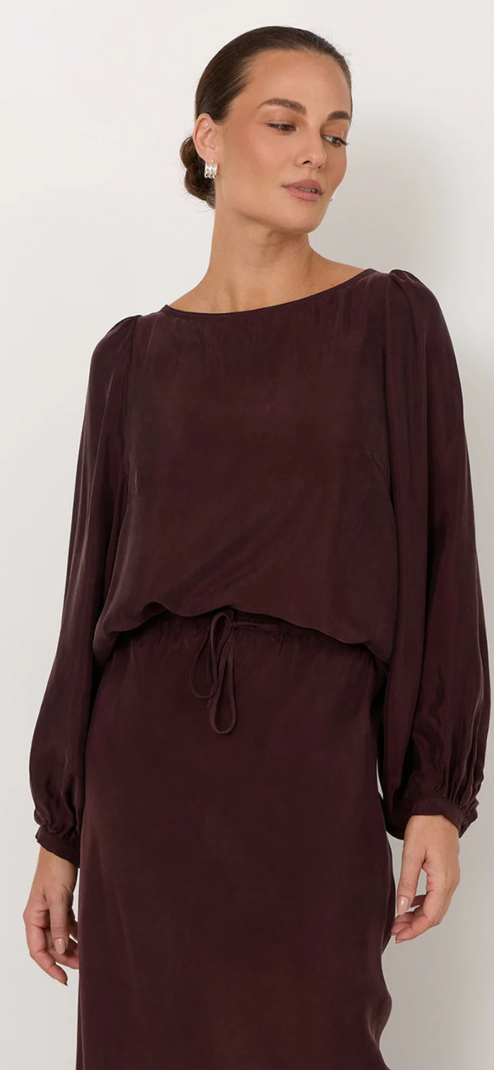 Adorne Ulla Boat Neck Cupro Top in Plum