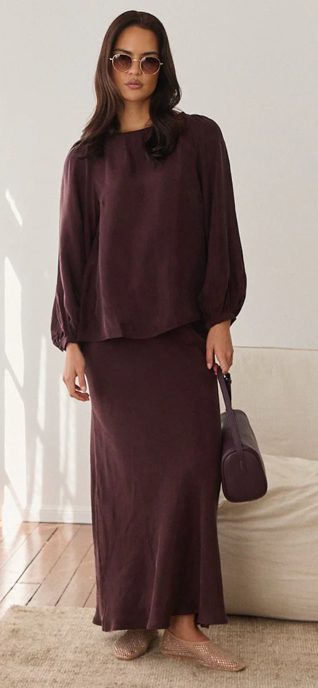 Adorne Ulla Boat Neck Cupro Top in Plum