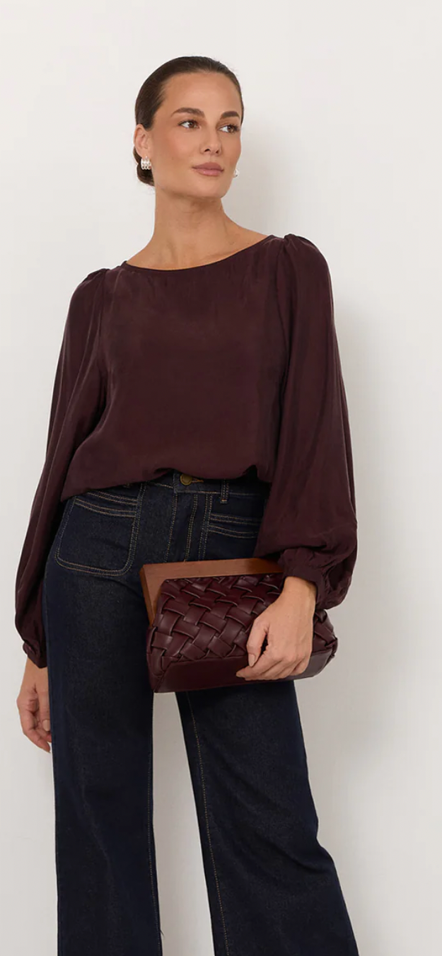 Adorne Ulla Boat Neck Cupro Top in Plum