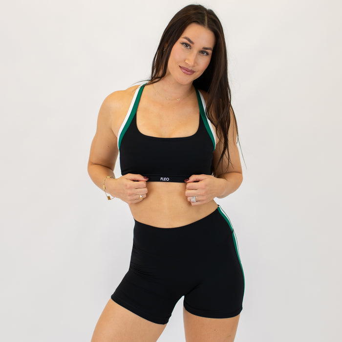 Black, White, & Aventurine Ava Racerback Sports Bra - Medium Support by FLEO - 1