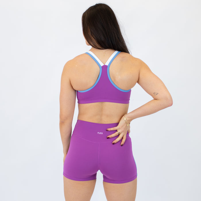 Mulberry Blossom, White, + Sky Pop Ava Racerback Sports Bra - Medium Support by FLEO - 2
