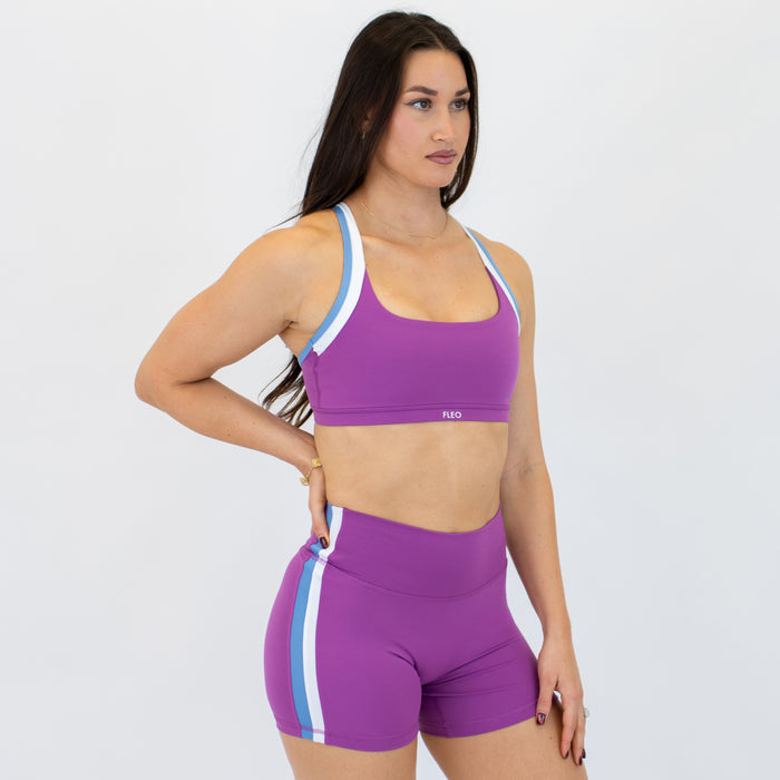 Mulberry Blossom, White, + Sky Pop Ava Racerback Sports Bra - Medium Support by FLEO - 4