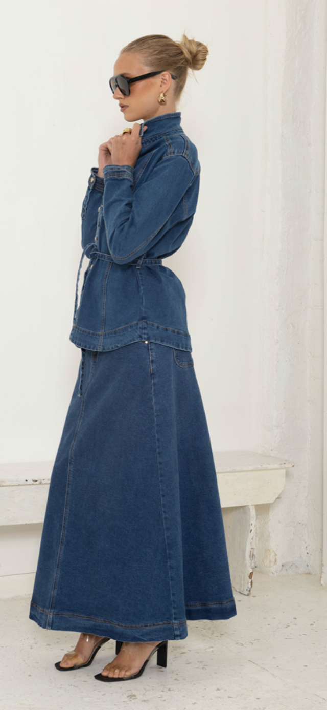 Ave- Denim Blue Belted Jacket