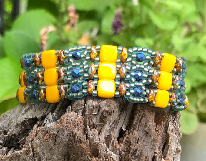 Beaded Bracelet - Bright Yellow and Blue Brocade
