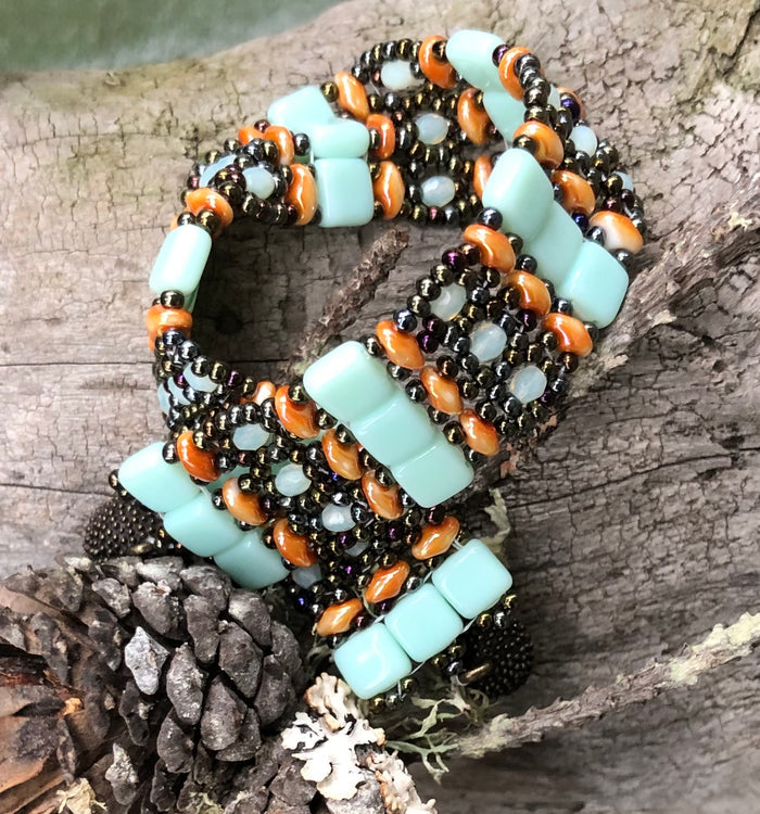 Beaded Bracelet - Coral Seafoam and Bronze Brocade
