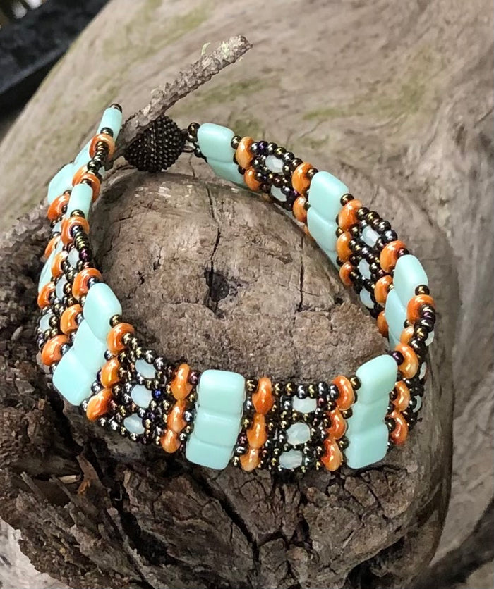 Beaded Bracelet - Coral Seafoam and Bronze Brocade