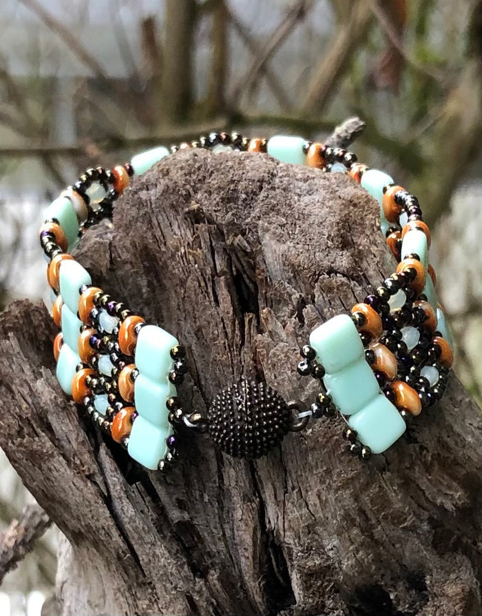 Beaded Bracelet - Coral Seafoam and Bronze Brocade
