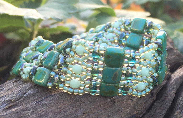 Seafoam and Aqua Green Czech Glass Beaded Bracelet