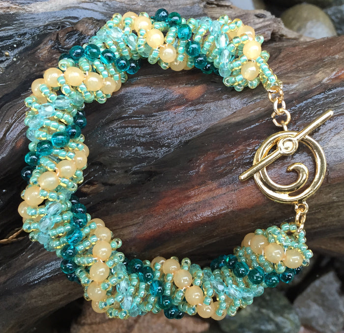 Teal Pale Orange and Aqua Czech Glass Vine Bracelet with Gold Toggle Clasp