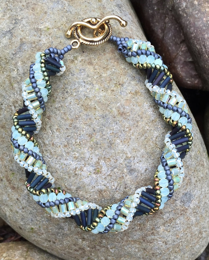 Matte Navy and Milky Jonquil Czech Glass Helix Spiral Bracelet