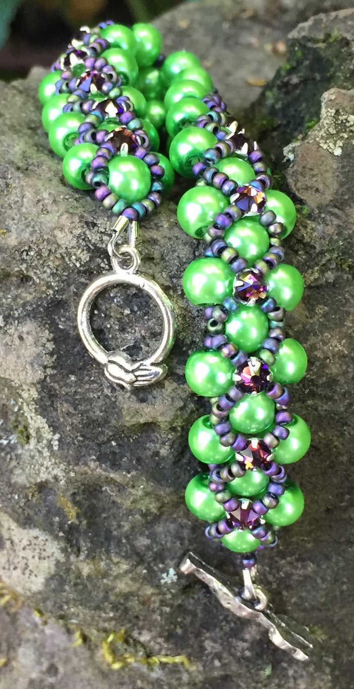 Beaded Bracelet - Pearl Monster - Vivid Green and Violet
