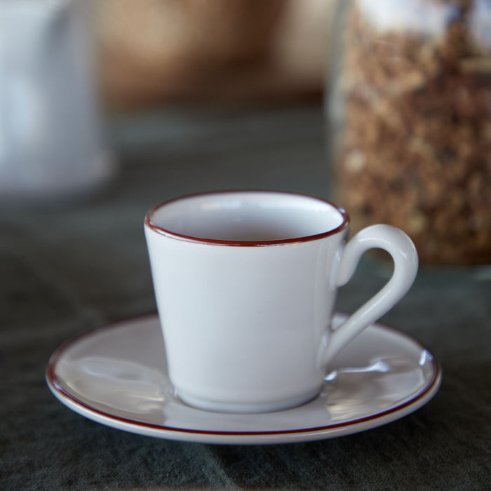 Beja White and Red Stoneware Coffee Cup and Saucer — overall form and detail