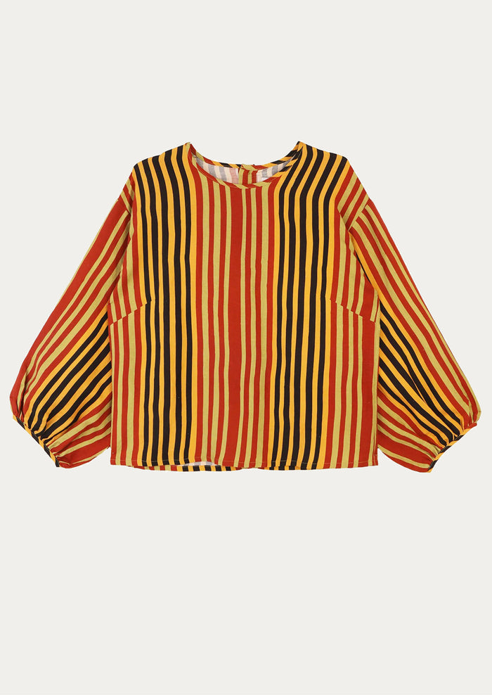Striped shirt with red, yellow, and black pattern on a white background