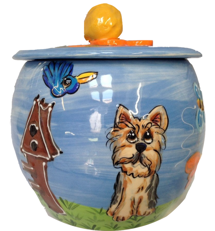 yorkie gift treat jar hand painted by Debby Carman