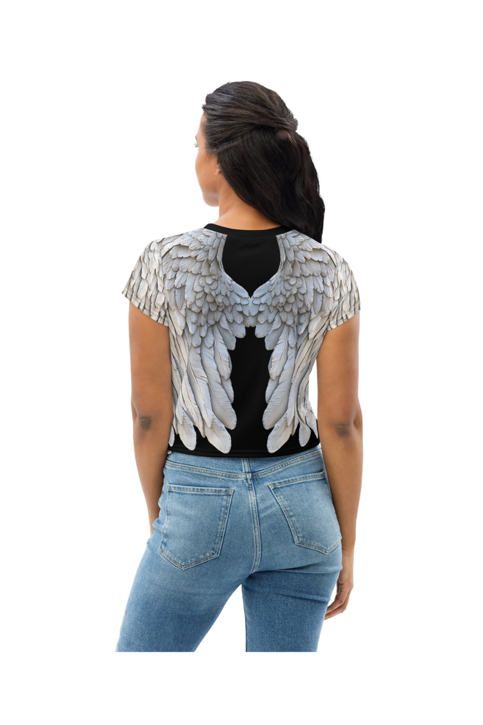 Black All-Over Wings Print Crop Tee