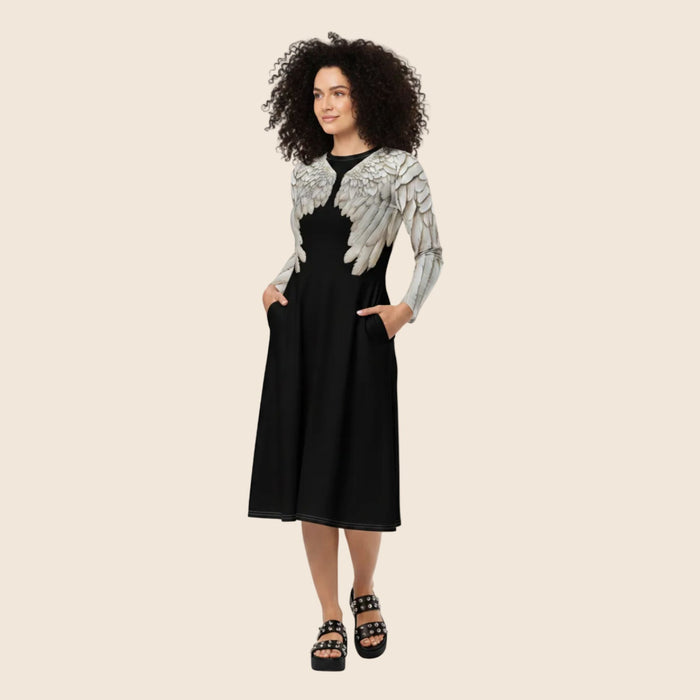 Black Angel Wings Midi Dress — Long Sleeve All-Over Print Festival Dress