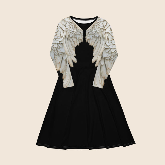 Black Angel Wings Midi Dress — Long Sleeve All-Over Print Festival Dress