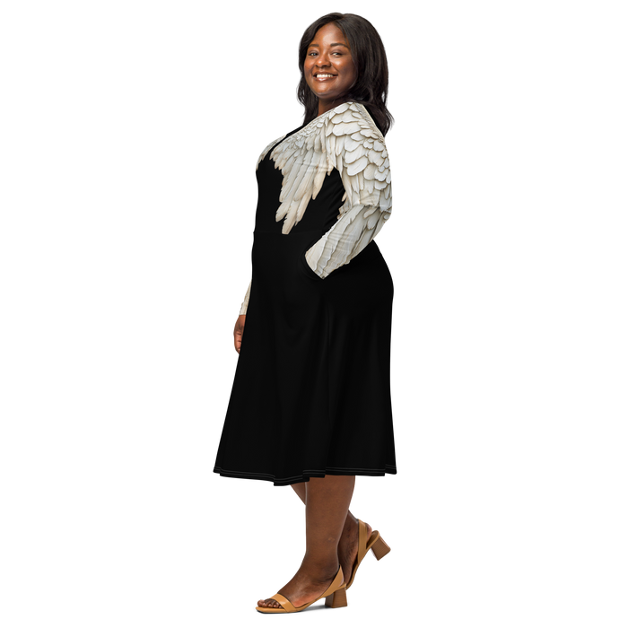 Black Angel Wings Midi Dress — Long Sleeve All-Over Print Festival Dress