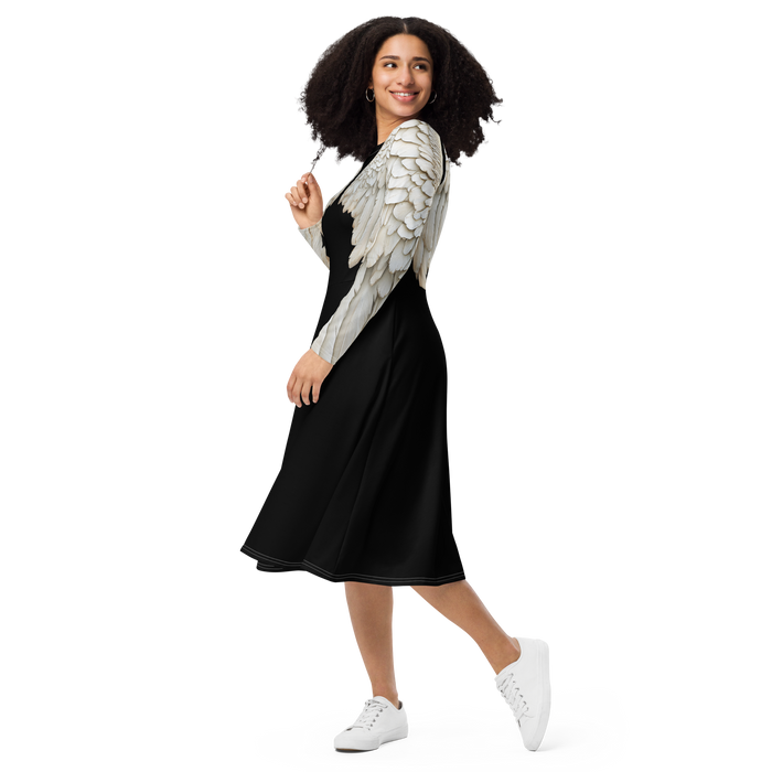 Black Angel Wings Midi Dress — Long Sleeve All-Over Print Festival Dress