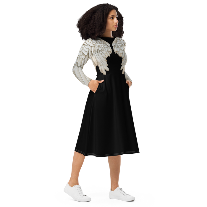 Black Angel Wings Midi Dress — Long Sleeve All-Over Print Festival Dress