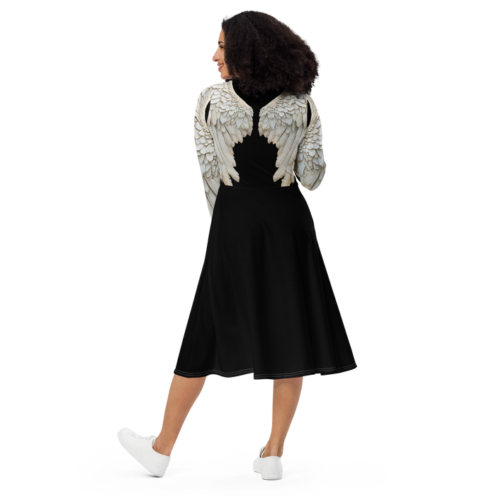 Black Angel Wings Midi Dress — Long Sleeve All-Over Print Festival Dress
