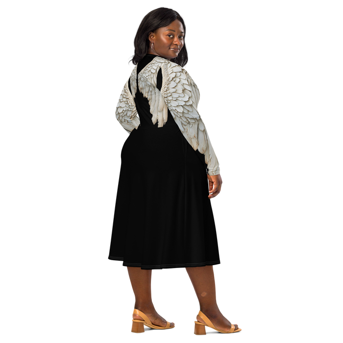 Black Angel Wings Midi Dress — Long Sleeve All-Over Print Festival Dress