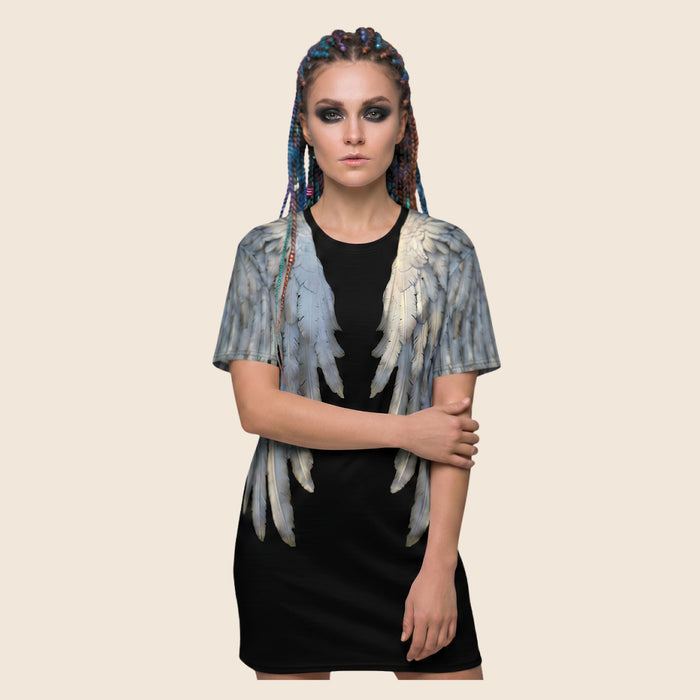 Black Angel Wings Oversized T-Shirt Dress — All-Over Print Festival Dress