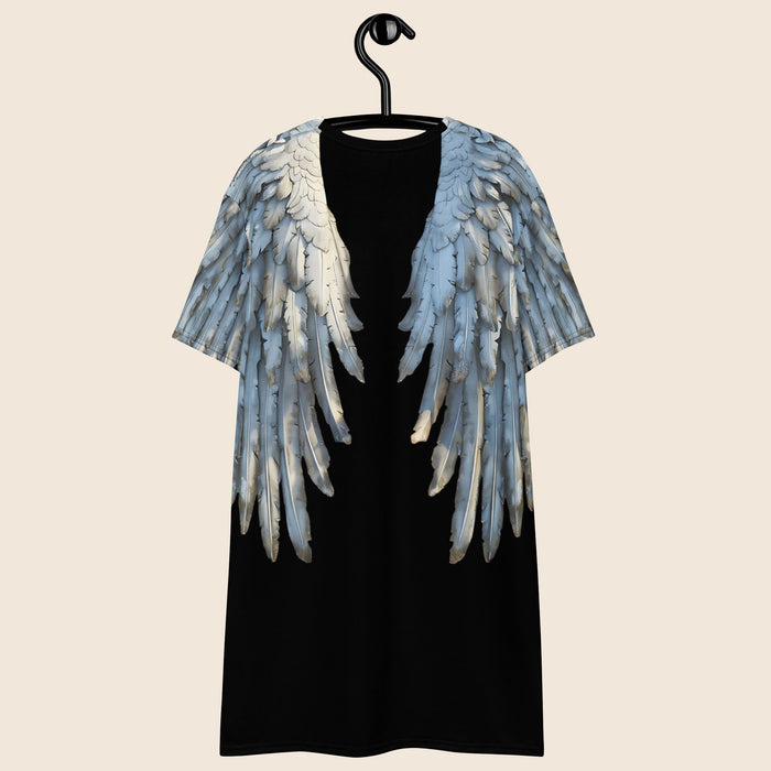 Black Angel Wings Oversized T-Shirt Dress — All-Over Print Festival Dress