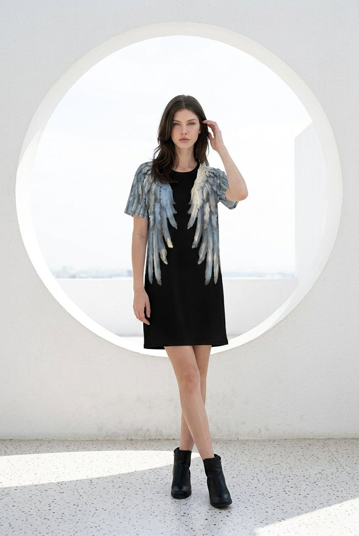 Black Angel Wings Oversized T-Shirt Dress — All-Over Print Festival Dress