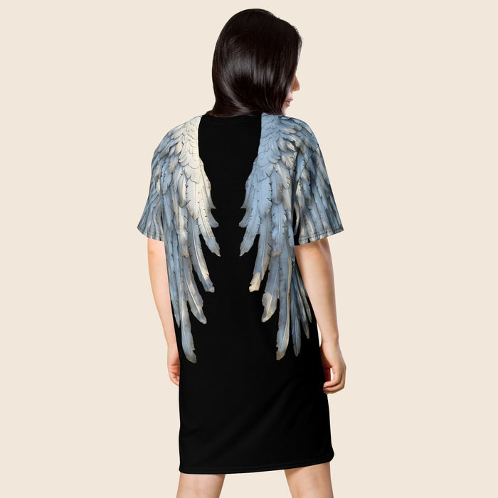 Black Angel Wings Oversized T-Shirt Dress — All-Over Print Festival Dress