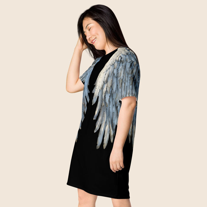 Black Angel Wings Oversized T-Shirt Dress — All-Over Print Festival Dress