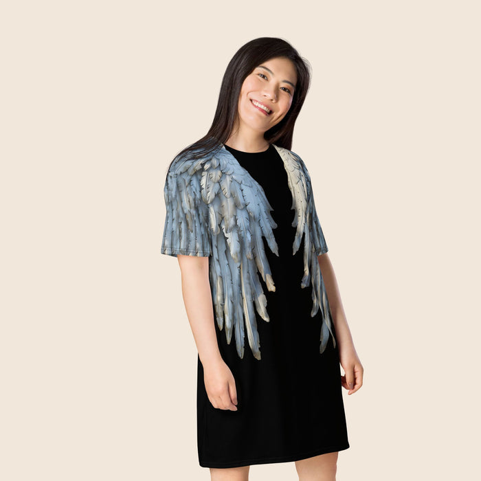 Black Angel Wings Oversized T-Shirt Dress — All-Over Print Festival Dress