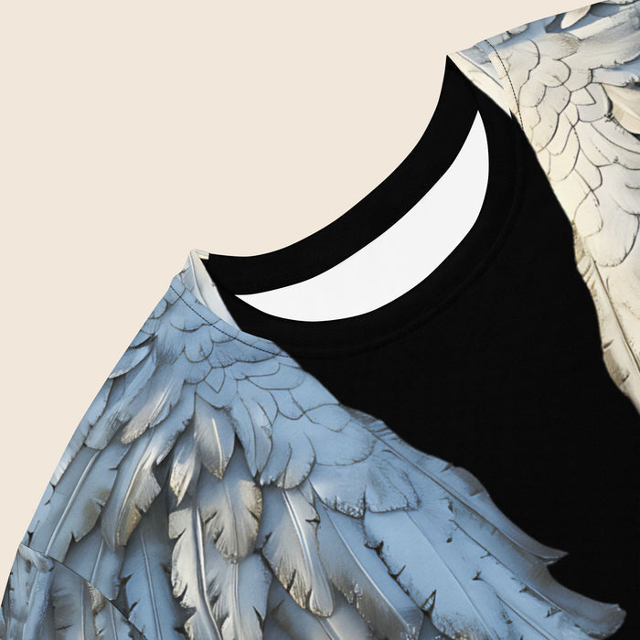Black Angel Wings Oversized T-Shirt Dress — All-Over Print Festival Dress