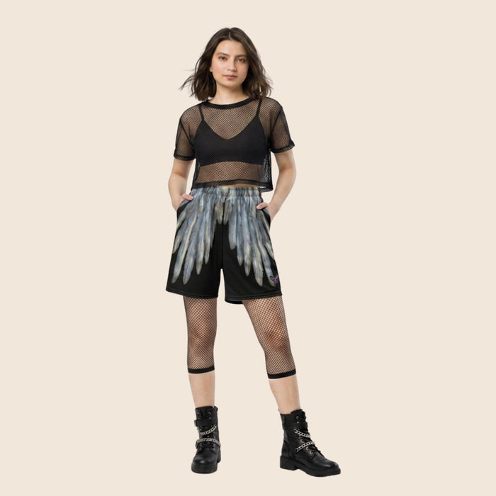 Black Wing Print All-Over Print Unisex Mesh Shorts — Eco-Friendly Festival & Activewear