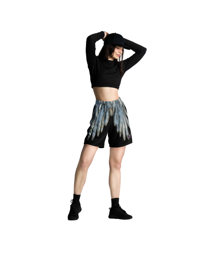 Black Wing Print All-Over Print Unisex Mesh Shorts — Eco-Friendly Festival & Activewear