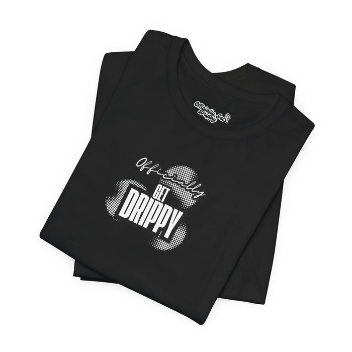 Black t-shirt with 'Officially Let Drippy' text on a white background