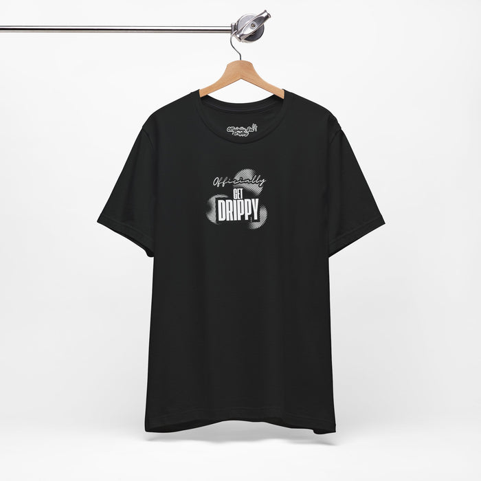 Black t-shirt with white text and design on a hanger against a white background