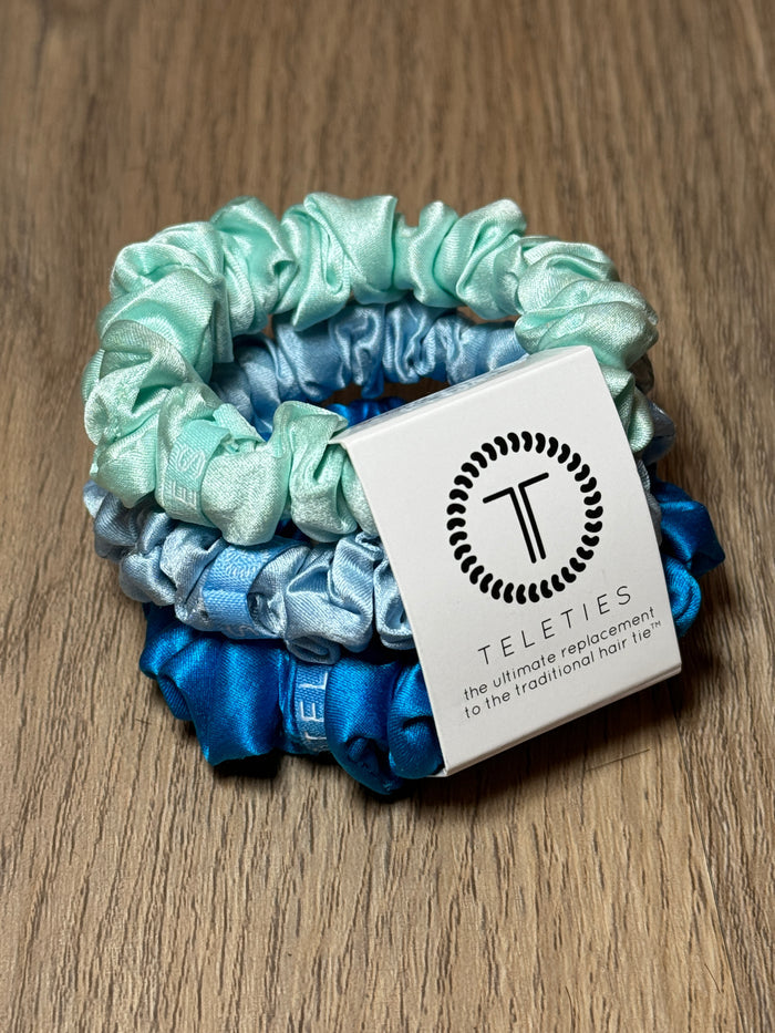 TELETIES Silk Scrunchie, silk scrunchie, Blue My Mind scrunchie, small silk hair tie, silk hair tie for thin hair, hair damage prevention, spiral coil scrunchie, frizz-free hair, silk hair accessory,