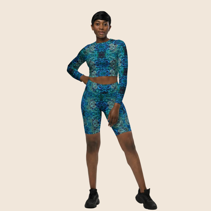 Blue Print Long Sleeve Crop Top | UPF 50+ Sun Protection | Recycled Fabric