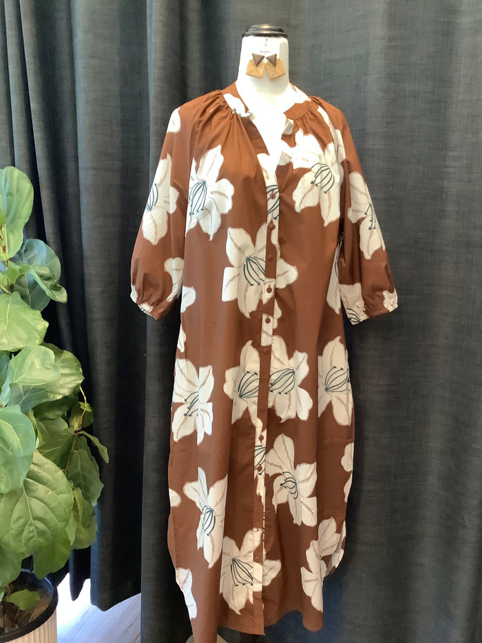 Boho Floral Dress Brown & White Flower