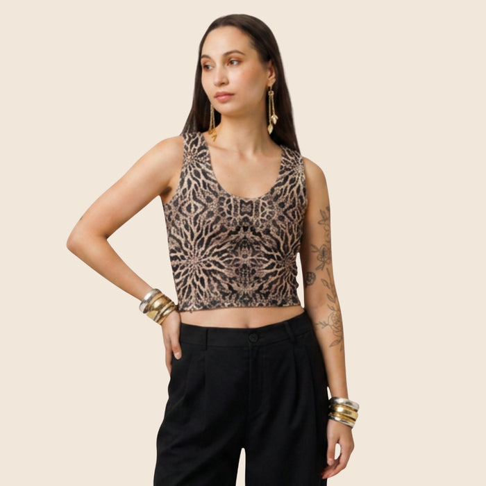 Bones Print All-Over Print Cotton Crop Top — Brown Festival & Streetwear