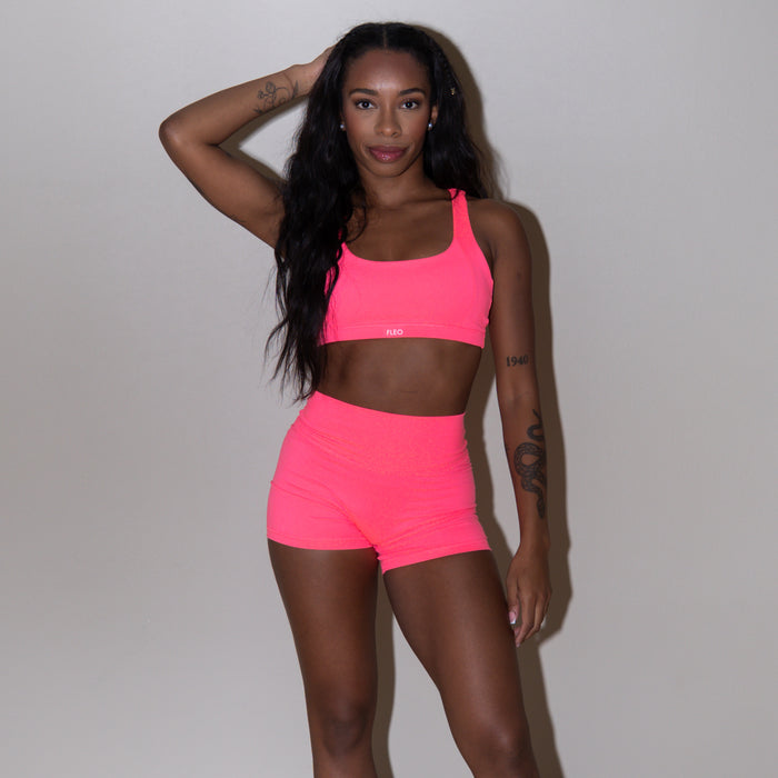 Heather Neon Strawberry Boost Short 4" - No Front Seam - High Rise by FLEO - 3