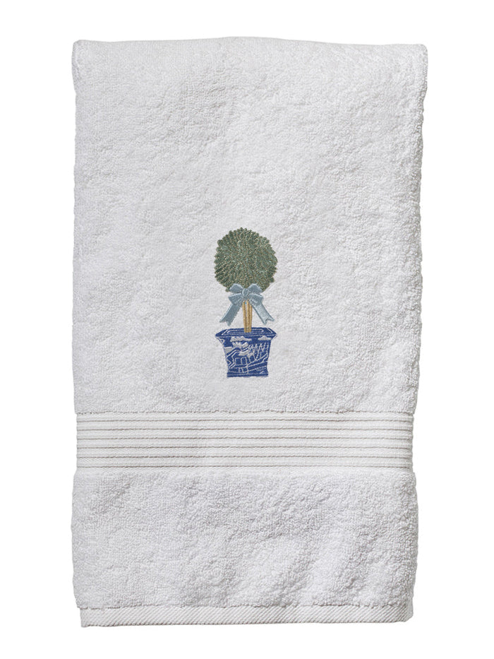 Boxwood Topiary Embroidered Cotton Terry Hand Towel — embroidered textile and product presentation
