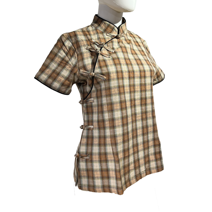 Checkered Qipao Top with Short Sleeves