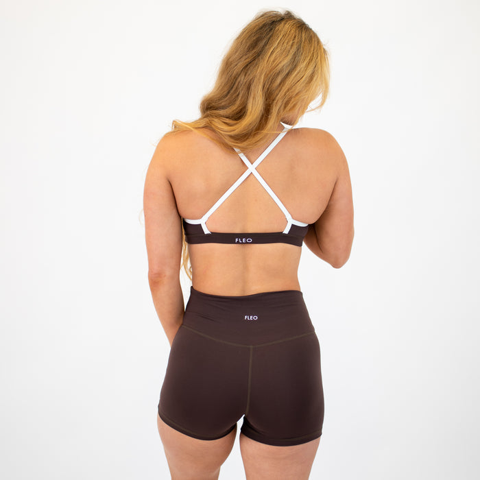 Chocolate + White Chloe High Neck Sports Bra - Light Support by FLEO - 2