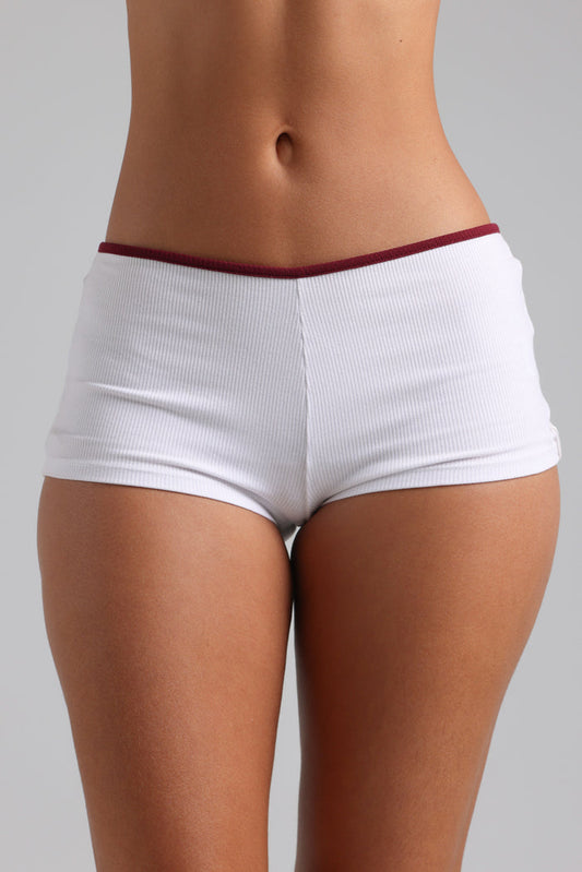 Classic Two-Tone Micro-Ribbed Mini Shorts - White/Black Cherry